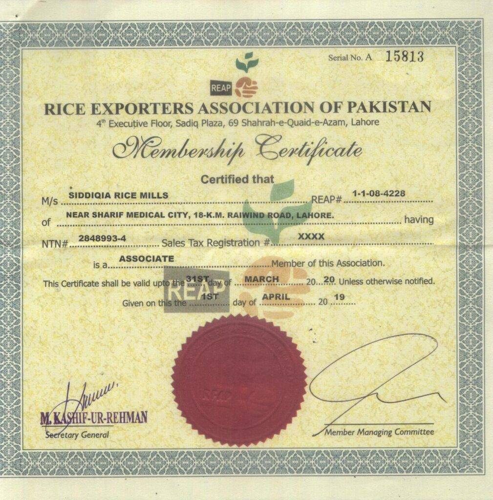 Rice Exporters Association of Pakistan membership certificate